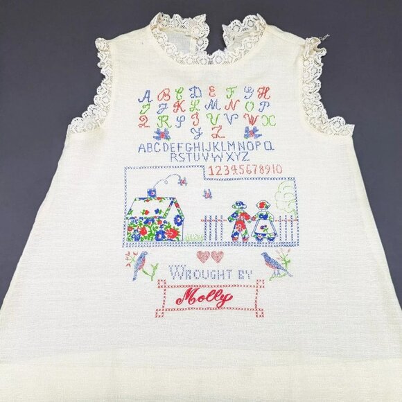 Vintage Fun Frills Doris Brosk Baby Girl Dress Sampler MOLLY Folk Alphabet Lace - Picture 1 of 3